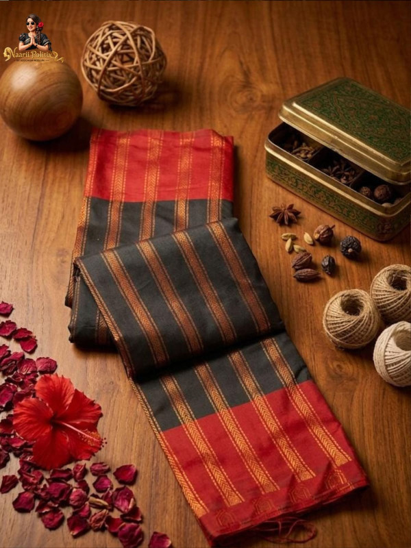 Semi Silk Saree - Black body with Deep Red [SAREE0000201]
