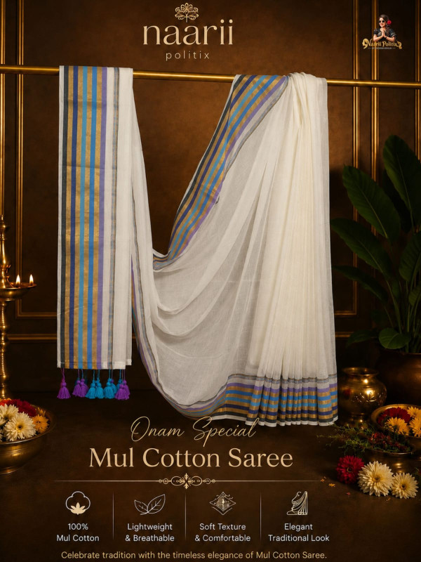 MUL COTTON SAREE - OFF WHITE WITH ROYAL BLUE GOLD & LAVENDER STRIPED BORDER