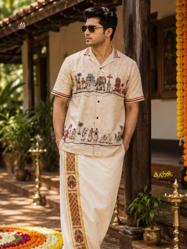 PRE BOOK ONLY SHIPPING AFTER 7 WORKING DAYS-ONAM SPECIAL PREMIUM DESIGNER SHIRT -  GOLDEN COTTON KASAVU DOUBLE DHOTI COMBO