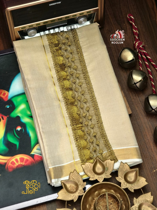GOLDEN KASAVU EMBROIDERY DESIGNER PREMIUM DOUBLE TISSUE DHOTI