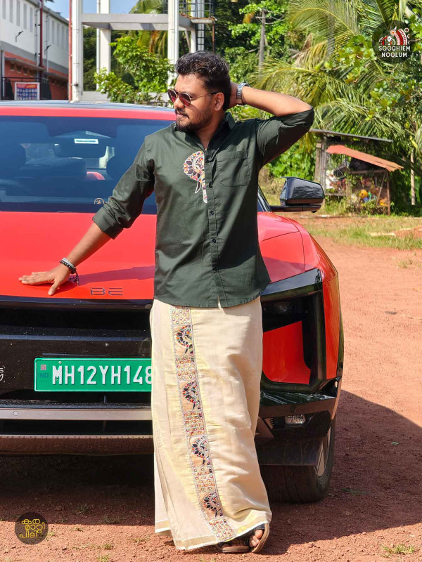 Bottle Green Elephant Embroidery Half Patch Shirt - Double Golden kasavu Dhotie Combo[COMBO00016]