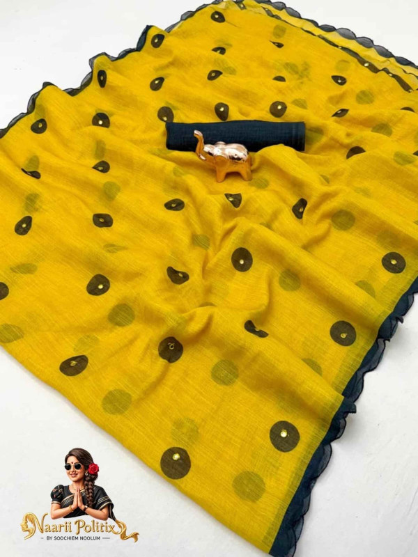 Fancy Linen Printed linen Saree - Yellow and Black [SAREE0000168]