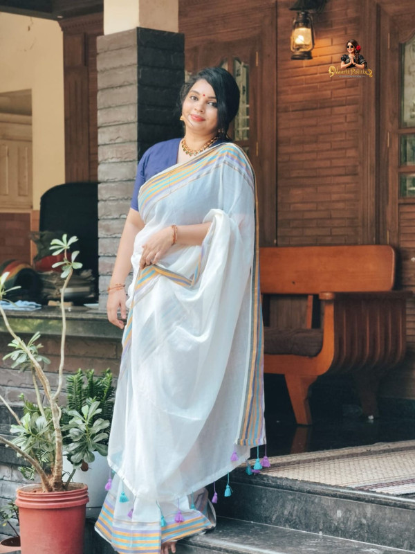 MUL COTTON SAREE - OFF WHITE WITH ROYAL BLUE GOLD & LAVENDER STRIPED BORDER