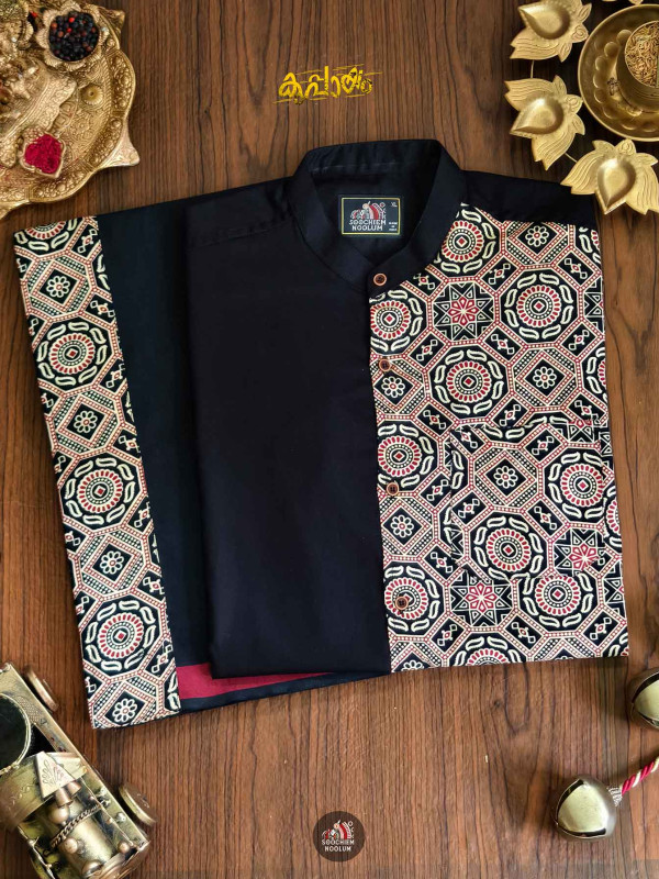 Black Premium Designer Patch Half Shirt+ Single Cotton Dhotie Combo[COMBO00037]