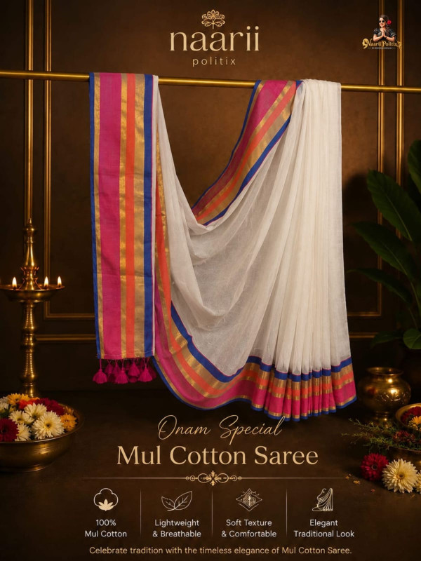 MUL COTTON SAREE - OFF WHITE WITH PINK ROYAL BLUE & GOLD BORDER