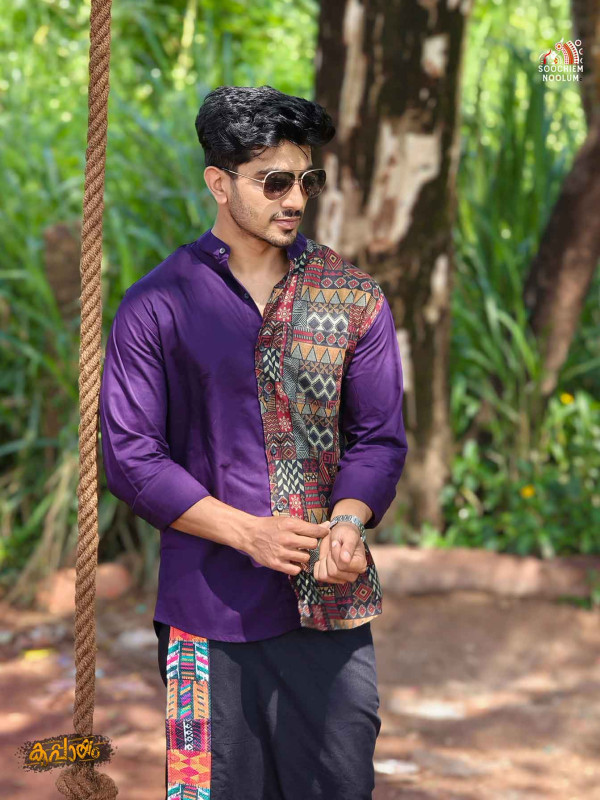 Purple Premium Designer Half Patch Shirt+ Single Cotton Dhotie Combo[COMBO00088]