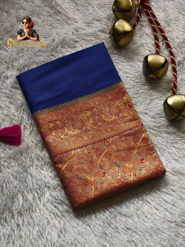 Butter Silk Saree in Royal Blue and Copper -Gold [SAREE000035]