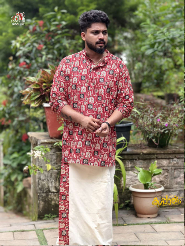 Red & Black Designer Kurta+ Off-White Cotton Dhoti[KURTACOMBO0005]