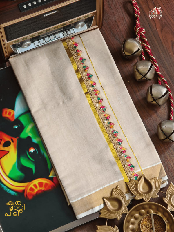 Golden Kasavu Embroidery designer Premium Double tissue Dhoti [DOUBLE000107]