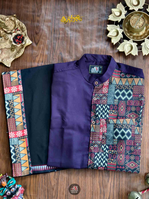 Purple Premium Designer Half Patch Shirt+ Single Cotton Dhotie Combo[COMBO00089]