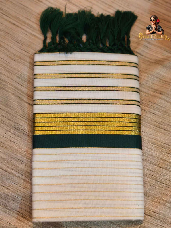 Cotton Striped Kerala Saree With Tassels Single Color Kara- Green and Gold [SAREE000078]