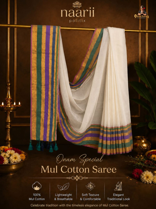 MUL COTTON SAREE - OFF WHITE WITH GREEN PURPLE &GOLD BORDER