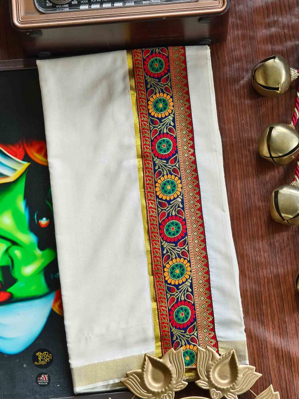 Multi Colour Embroidery Gold Kasavu Premium Double Dhoti