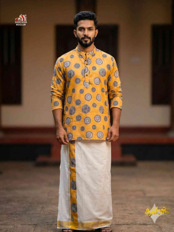 Yellow Premium Designer Short Kurta + Golden Kasavu Double Dhoti Combo[KURTACOMBO00052]