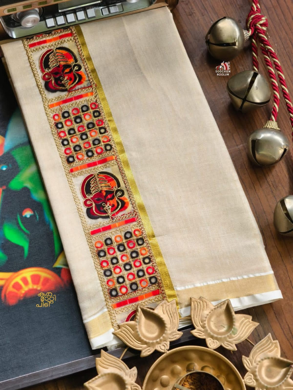 GOLDEN KASAVU KATHAKALI EMBROIDERY DESIGNER PREMIUM DOUBLE TISSUE DHOTI