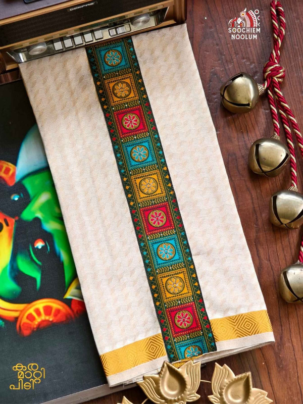 Tissue Golden Jacquard Kasavu Embroidery Designer Premium Single Dhoti[SINGLE000166]