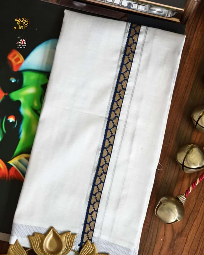 Tissue Silver Kasavu Colour Full Embroidery Designer Premium Single Dhoti[SINGLE000153]