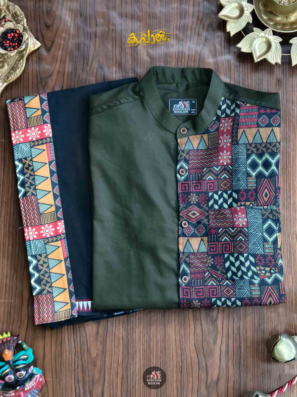 Bottle Green Premium Designer Half Patch Shirt+ Single Cotton Dhotie Combo[COMBO00087]