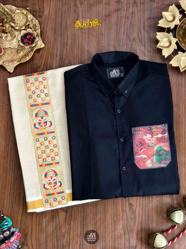 Black kathakali Designer Pocket Patch Shirt + Single Golden Kasavu Dhoti Combo[COMBO00080]