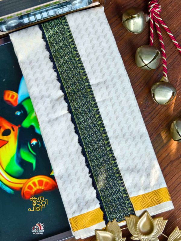 Tissue Golden Jacquard Kasavu Colour Full Embroidery Designer Premium Single Dhoti[SINGLE000155]