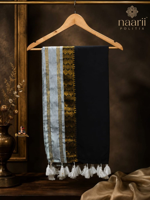 MUL COTTON SAREE -  RICH BLACK WITH WHITE TASSEL FINISH