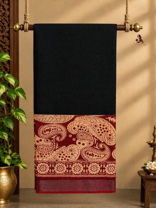 LINEN SAREE - BLACK & MAROON