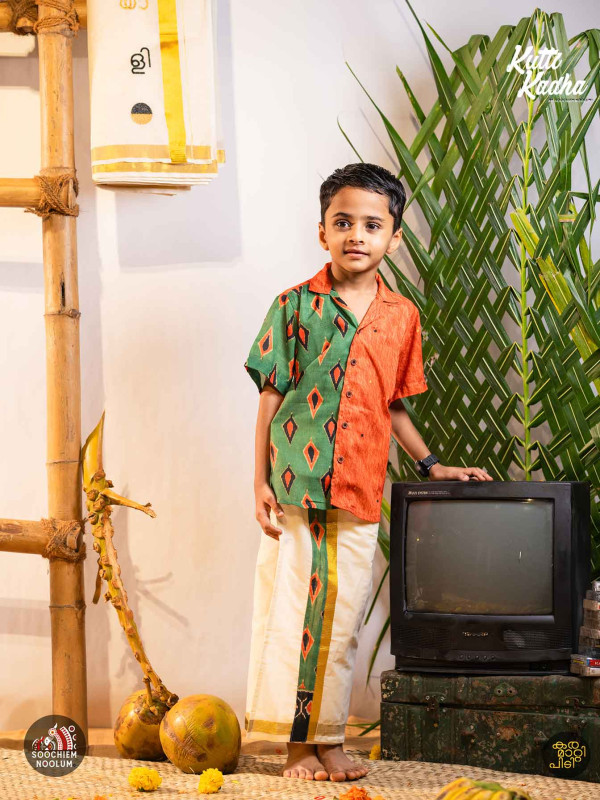 NIRAKKOOTT-Orange Ikat Shirt + Dhoti Combo For Kids
