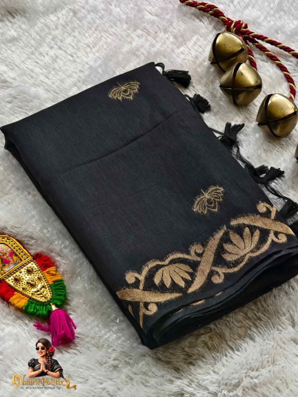 Jute Cotton Silk Saree With Gold And Silver Floral Weaves - Black [SAREE000065]