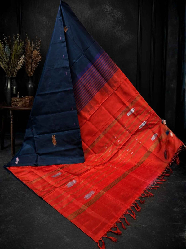 Vegan Silk Saree - Navy Blue with Rust Orange [SAREE0000248]