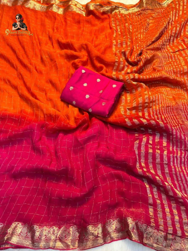 Pure Viscose Weaving Jacquard Saree with Pure  viscose Matching Blouse- Orange & Rani Pink [SAREE0000181]