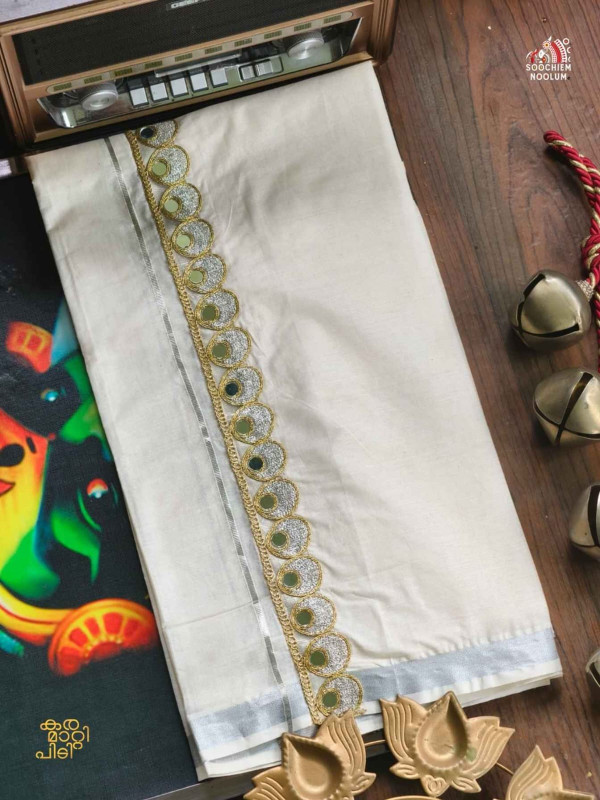 SILVER KASAVU EMBROIDERY DESIGNER PREMIUM DOUBLE COTTON DHOTI