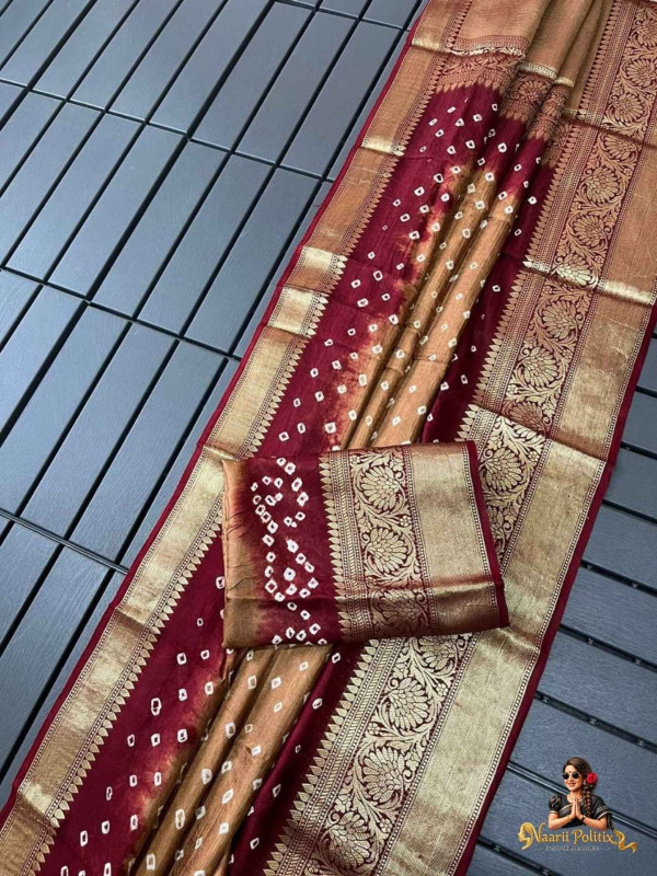 Semi Kanjivaram Bandhani Saree -  Deep Maroon & Golden Beige [SAREE0000218]