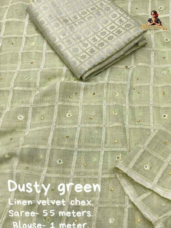 Soft Linen Saree With Weaving Chex Of Velvet Thread -  Dusty Green [SAREE0000188]