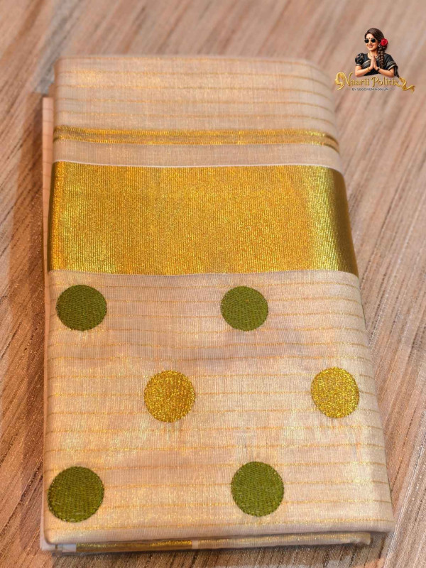 Embroidered Polka Dots Tissue Kasavu - Green and Gold [SAREE000090]