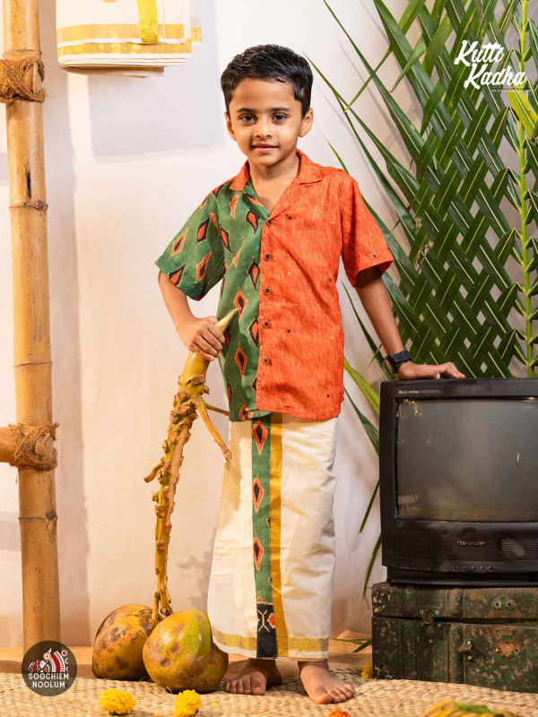 NIRAKKOOTT-Orange Ikat Shirt For Kids