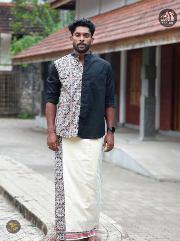 Black Premium Designer Half patch shirt  + Single Cotton Dhoti Combo [COMBO000226]