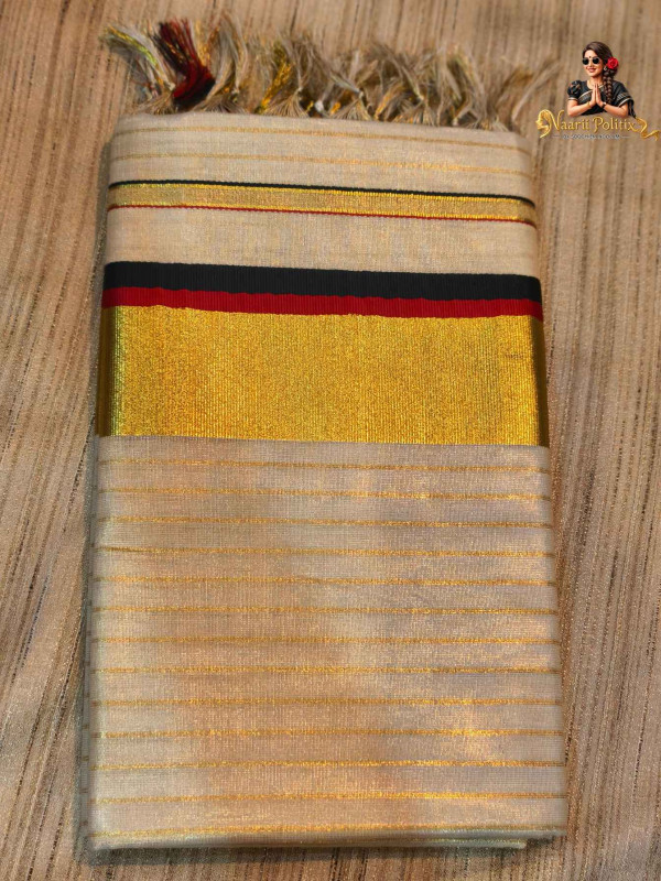 Striped Tissue Kasavu Saree 2 color Kara - Black and Maroon [SAREE000083]