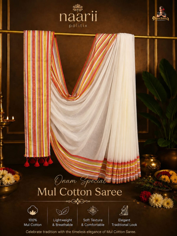 MUL COTTON SAREE -  OFF WHITE WITH GOLD ZARI NEON ORANGE & PINK BORDER