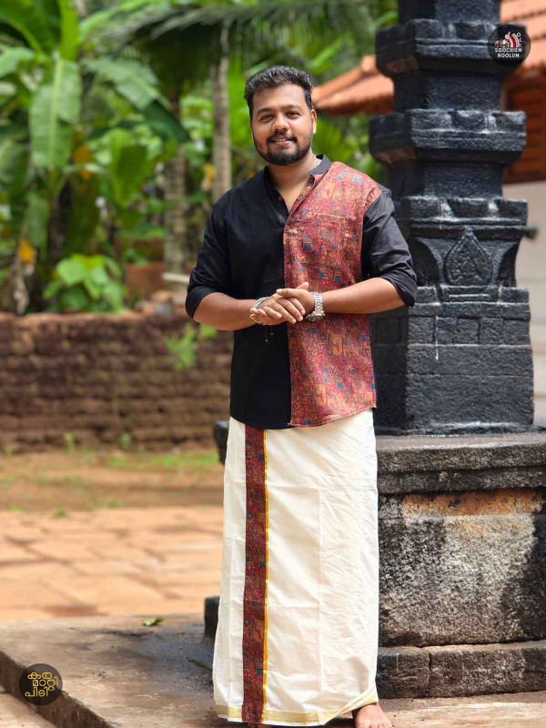 Black Premium Designer Half Patch Shirt+ Double kasavu Dhotie Combo[COMBO00071]