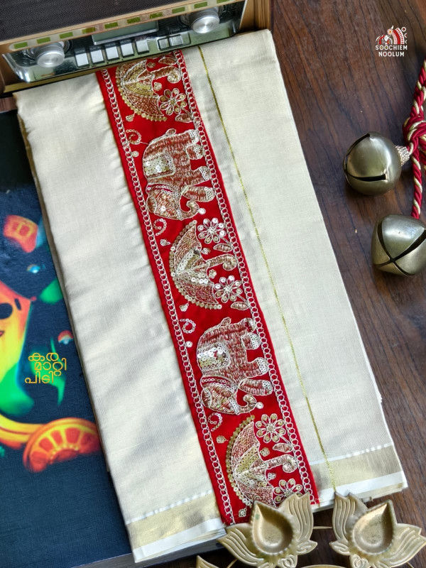 GOLDEN KASAVU EMBROIDERY DESIGNER PREMIUM DOUBLE TISSUE DHOTI