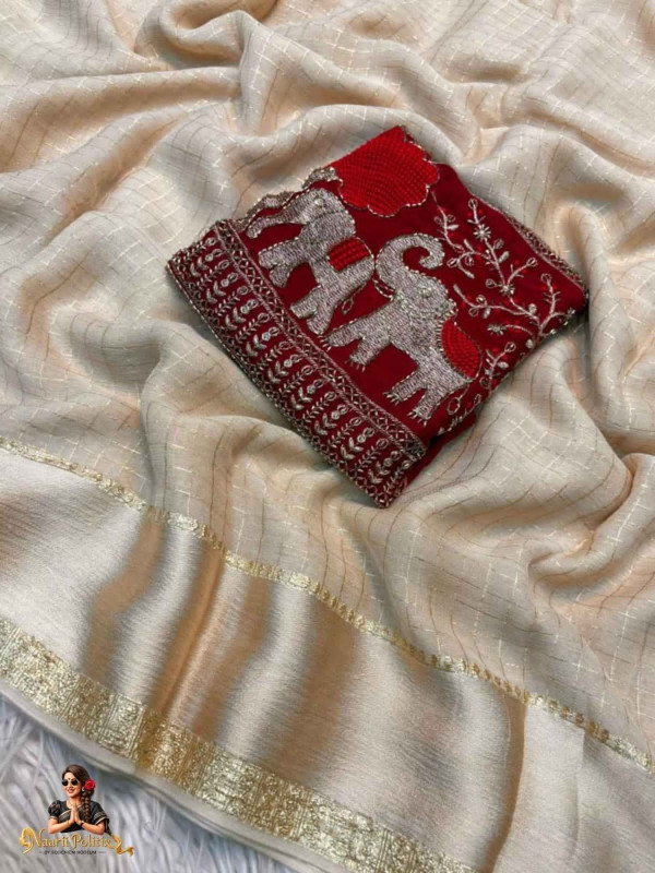 Pure Viscose Georgette saree with weaving chex and satin border - ivory  [SAREE0000173]