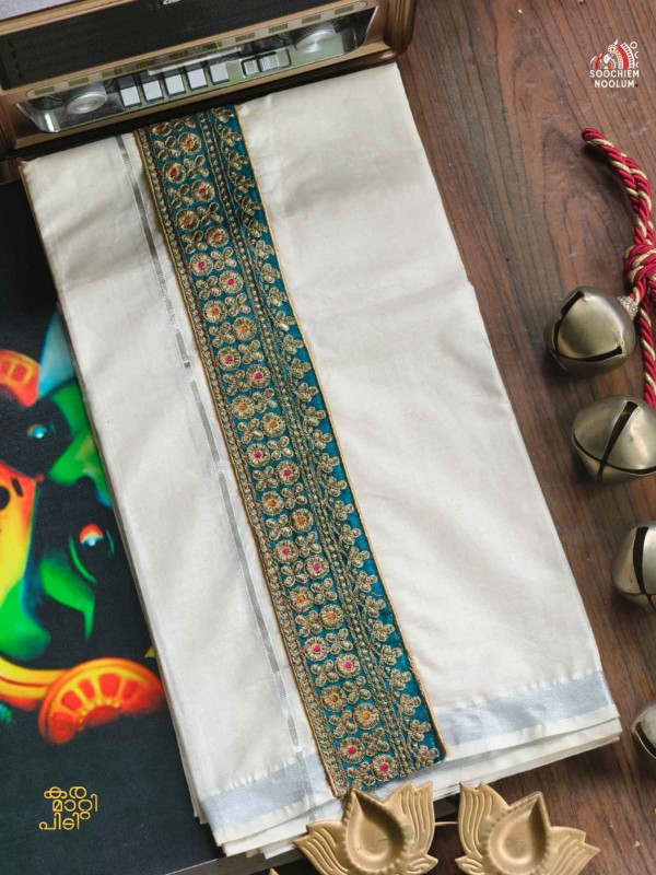 SILVER KASAVU EMBROIDERY DESIGNER PREMIUM DOUBLE COTTON DHOTI