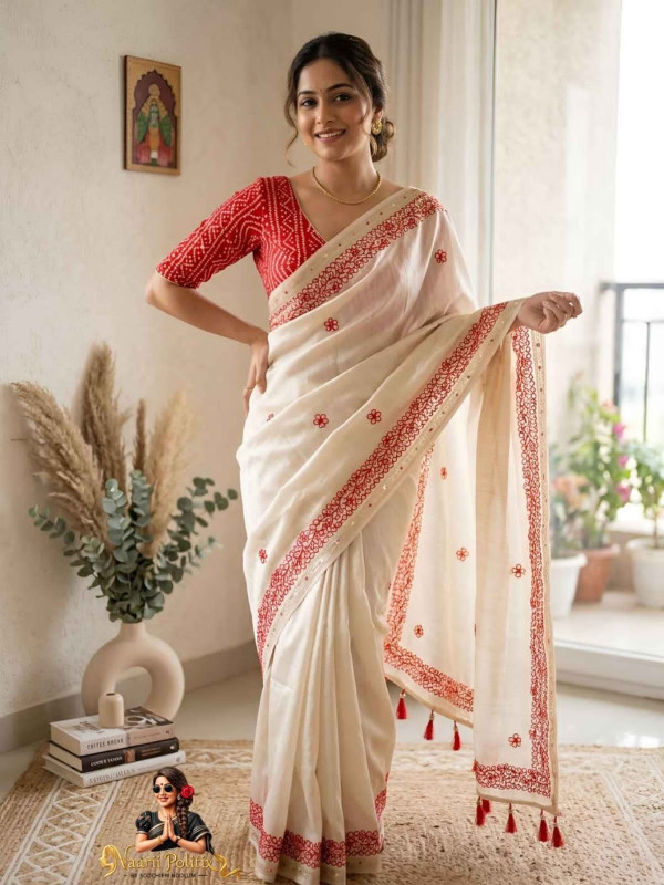 Tusser Silk Gota Work Design  -  Off White [SAREE0000171]