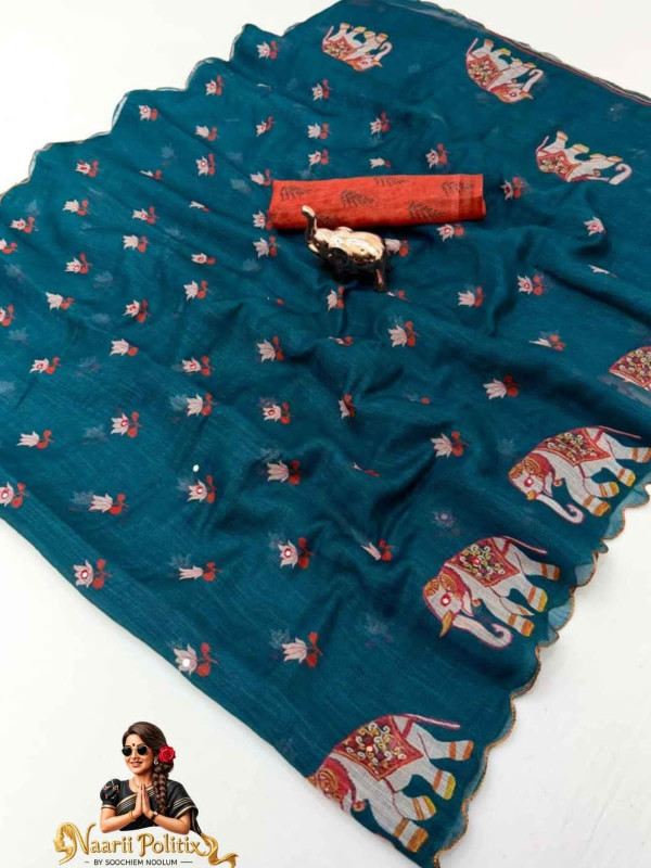 Fancy Linen Printed linen Saree - Teal Blue [SAREE0000169]