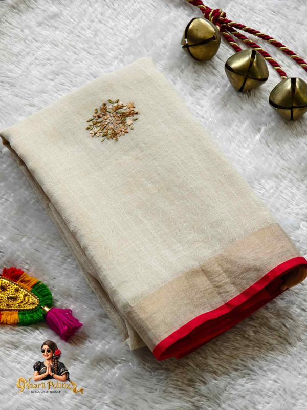 French knot Linen Saree - Off White [SAREE000074]