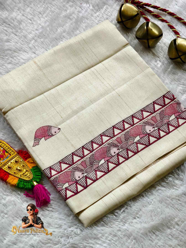 Semi Jute Silk Saree With Print - Off White and Maroon [SAREE000061]