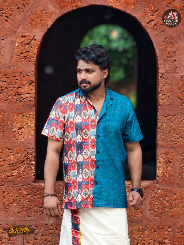 NIRAKKOOTT - BLUE IKAT HALF SLEEVE SHIRT[SHIRT000217]