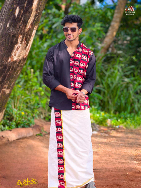 Black Designer Elephant Half Patch Shirt+ Double kasavu Dhotie Combo[COMBO00078]