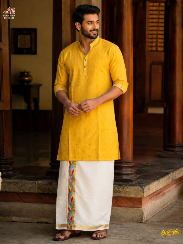 Soft linen Festive Special luxury kurta +Designer Cotton Kasavu Dhoti Combo-  Mustard Yellow [KURTACOMBO00066]