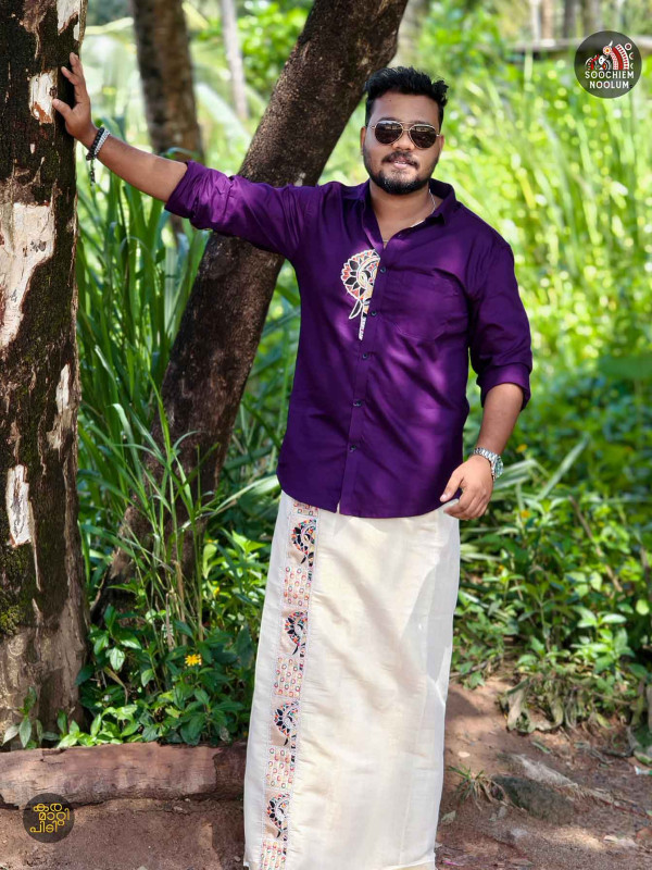 Purple Elephant Embroidery Half Patch Shirt - Double Golden kasavu Dhotie Combo[COMBO00012]